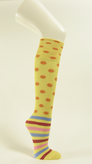 Light yellow under knee socks with orange dots stripes no heel
